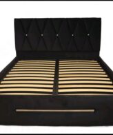 Pat tapițat cu ladă de depozitare, somieră rabatabilă, culoare negru