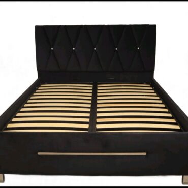 Pat tapițat cu ladă de depozitare, somieră rabatabilă, culoare negru