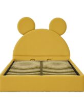 Pat copii Mickey tapițat galben muștar cu somieră rabatabilă și ladă de depozitare