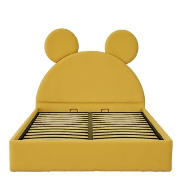 Pat copii Mickey tapițat galben muștar cu somieră rabatabilă și ladă de depozitare