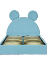 Pat copii Mickey tapițat albastru deschis cu somieră rabatabilă și ladă de depozitare