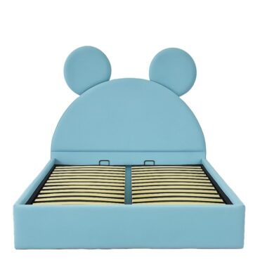 Pat copii Mickey tapițat albastru deschis cu somieră rabatabilă și ladă de depozitare