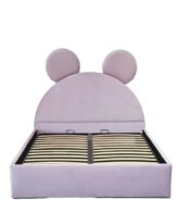 Pat copii Mickey tapițat roz cu somieră rabatabilă și ladă de depozitare