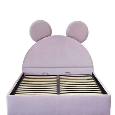 Pat copii Mickey tapițat roz cu somieră rabatabilă și ladă de depozitare