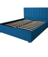 Pat tapițat cu ladă de depozitare, somieră rabatabilă, culoare albastru deschis