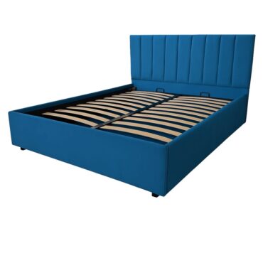 Pat tapițat cu ladă de depozitare, somieră rabatabilă, culoare albastru deschis