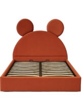 Pat copii Mickey tapițat cărămiziu cu somieră rabatabilă și ladă de depozitare