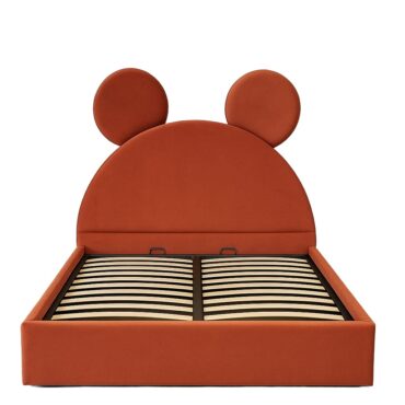 Pat copii Mickey tapițat cărămiziu cu somieră rabatabilă și ladă de depozitare