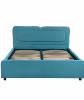 Pat tapițat cu ladă de depozitare, somieră rabatabilă, culoare albastru deschis