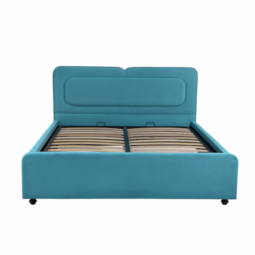 Pat tapițat cu ladă de depozitare, somieră rabatabilă, culoare albastru deschis