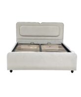 Pat tapițat cu ladă de depozitare, somieră rabatabilă, culoare alb murdar