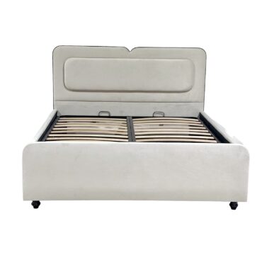 Pat tapițat cu ladă de depozitare, somieră rabatabilă, culoare alb murdar