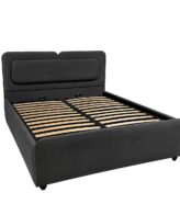 Pat tapițat cu ladă de depozitare, somieră rabatabilă, culoare gri închis