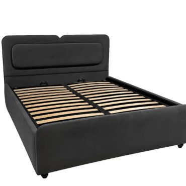 Pat tapițat cu ladă de depozitare, somieră rabatabilă, culoare gri închis