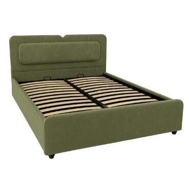 Pat tapițat cu ladă de depozitare, somieră rabatabilă, culoare verde măslin