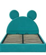 Pat copii Mickey tapițat turcoaz cu somieră rabatabilă și ladă de depozitare