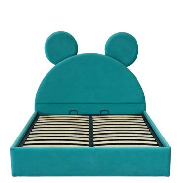 Pat copii Mickey tapițat turcoaz cu somieră rabatabilă și ladă de depozitare