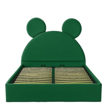 Pat copii Mickey tapițat verde smarald cu somieră rabatabilă și ladă de depozitare