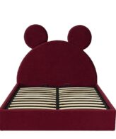 Pat copii Mickey tapițat vișiniu cu somieră rabatabilă și ladă de depozitare