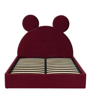 Pat copii Mickey tapițat vișiniu cu somieră rabatabilă și ladă de depozitare