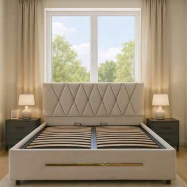 Pat tapițat cu nasturi de cristal si bandă decorativă aurie, ladă de depozitare, somieră rabatabilă, culoare crem deschis