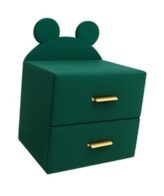 Noptieră pentru copii cu urechiușe, tapițată în catifea verde smarald, cu două sertare și mânere aurii