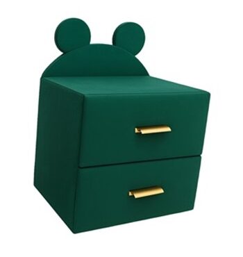 Noptieră pentru copii cu urechiușe, tapițată în catifea verde smarald, cu două sertare și mânere aurii