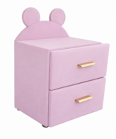 Noptieră pentru copii cu urechiușe, tapițată în catifea roz, cu două sertare și mânere aurii.