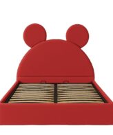 Pat copii Mickey tapițat roșu cu somieră rabatabilă și ladă de depozitare
