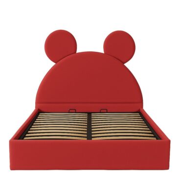 Pat copii Mickey tapițat roșu cu somieră rabatabilă și ladă de depozitare